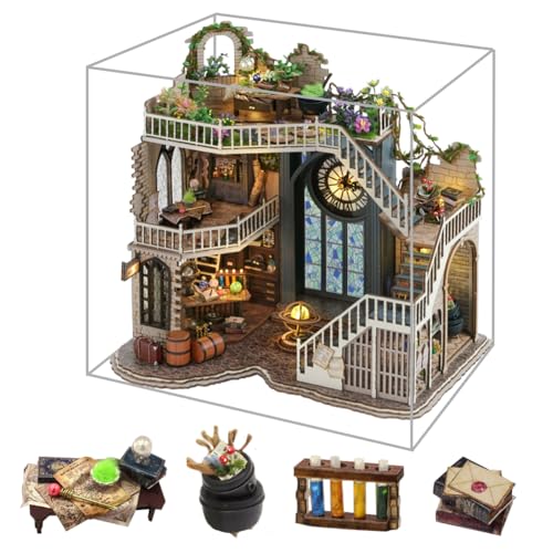 HJBHDOLL DIY Zauberladen Puppenhaus Kit, Miniatur zusammengebaut Zauberschloss Spielzeug Modell mit Staubschutz Funiture Led Lichter für Kid Teen Kid Kinder von HJBHDOLL