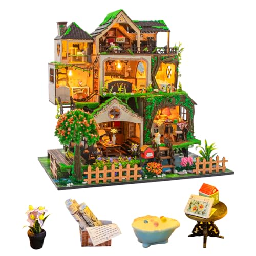 Mini-Puppenhaus-Möbel, DIY-Puppenhaus-Miniatur-Set mit LED-Licht, Maßstab 1:24, Waldhaus, Villa Kreativer Raum für Erwachsene, Kinder, Teenager, Geburtstag, Neujahrsgeschenk von HJBHDOLL