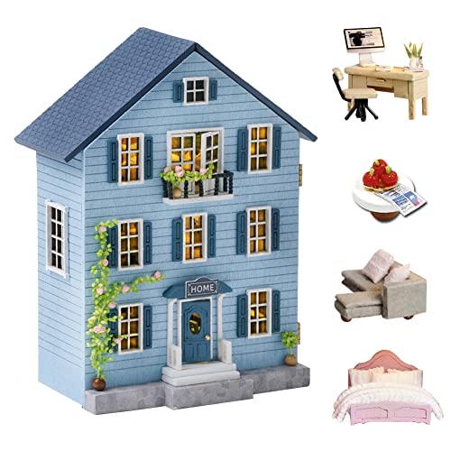 Miniatur-Chalet Cottage Puppenhaus im europäischen Stil, Holzmöbel, DIY-Puppenhaus-Set mit LED-Kreativraum, Geschenk für Erwachsene, Teenager, Kinder, Geschenk (dreistöckige Villa) von HJBHDOLL
