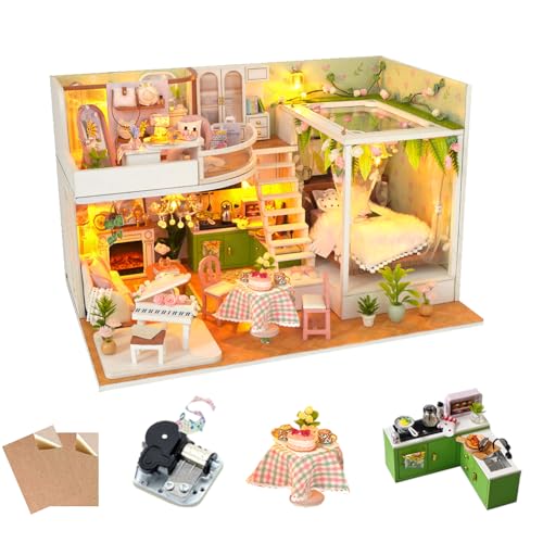 Miniatur Mädchen Loft Wohnung Puppenhaus mit Staubschutz und Spieluhr, Mini Möbel, DIY Puppenhaus Kit mit LED-Lichtern, Kreatives Geburtstags Valentinstag Geschenk Miniatur Mädchen Loft Wohnung Puppenhaus mit Staubschutz und Spieluhr, Mini Möbel, DIY Puppenhaus Kit mit LED-Lichtern, Kreatives Geburtstags Valentinstag Geschenk von HJBHDOLL