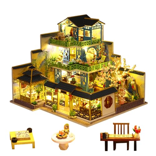 Miniatur-Puppenhaus, chinesischer Stil, dreistöckiges Villa-Puppenhaus, Holzmöbel, DIY-Puppenhaus-Set mit LED-Kreativzimmer, Erwachsene, Jugendliche, Kinder, Geschenk von HJBHDOLL