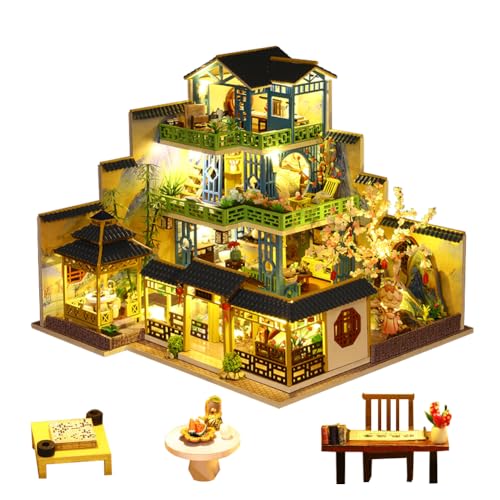 HJBHDOLL Miniatur-Villa im chinesischen Stil, dreistöckige Villa Puppenhaus, Holzmöbel, DIY-Puppenhaus-Set mit LED-Kreativraum, Geschenk für Erwachsene, Teenager, Kinder von HJBHDOLL