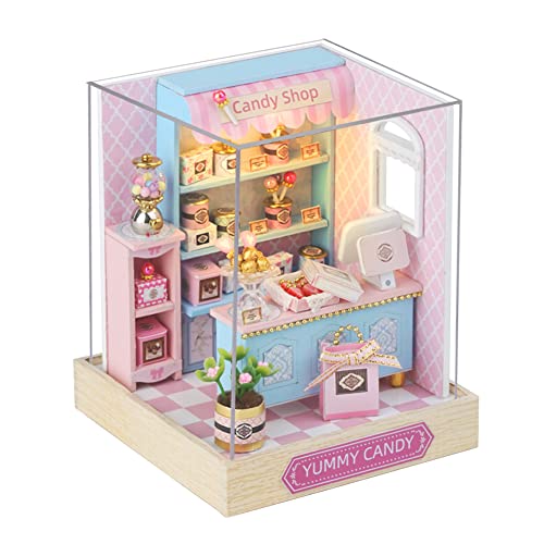 HJBHDOLL Miniaturgeschäft Puppenhaus mit Staubschutz, Holzmöbel, DIY-Puppenhaus-Set, LED-Licht, kreatives Zimmer, Teenager, Kinder, Geburtstagsgeschenk (Candy Shop) von HJBHDOLL