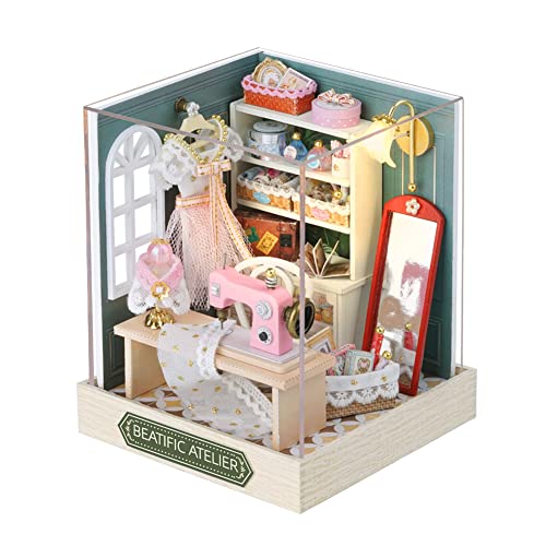 Miniaturgeschäft Puppenhaus mit Staubschutz, Holzmöbel, DIY Puppenhaus Kit LED-Licht Kreativer Raum, Teenager Kinder Geburtstagsgeschenk (Schneiderei) von HJBHDOLL