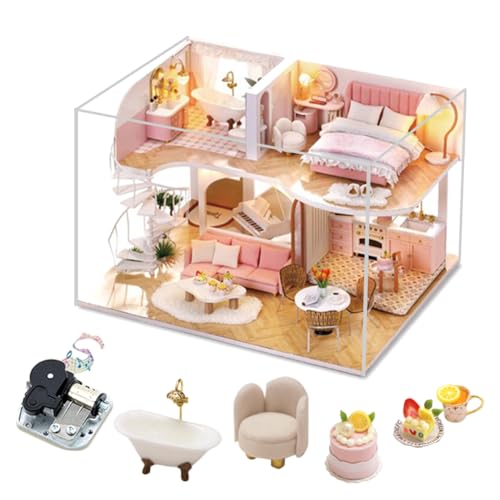 Süßes Duplex Apartment Puppenhaus mit Staubschutz und Spieluhr DIY Miniatur Möbel 3D Haus mit LED Licht Puzzle Modell Kreatives Geschenk für Jungen und Mädchen von HJBHDOLL
