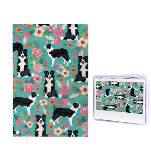 Puzzle Puzzle 1000 Teile Holzpuzzle für Erwachsene Benutzerdefinierte Puzzles Personalisierte Bilderpuzzles Border Collie Florals Hochzeitspuzzle für Geburtstag Familie von HJBNW