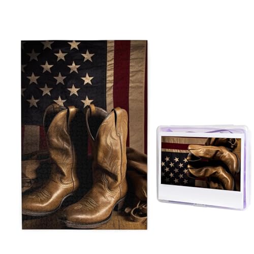 Puzzle Puzzle 1000 Teile Holzpuzzle für Erwachsene Benutzerdefinierte Puzzles Personalisierte Bildpuzzles Amerikanische Flagge mit Cowboystiefeln Hochzeitspuzzle für Geburtstag Familie von HJBNW
