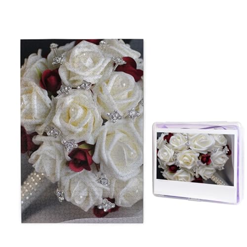 Puzzle Puzzle 1000 Teile Holzpuzzle für Erwachsene Benutzerdefinierte Puzzles Personalisierte Bildpuzzles Weiße Seidenrose Hochzeit Blumen Hochzeit Puzzle für Geburtstag Familie von HJBNW