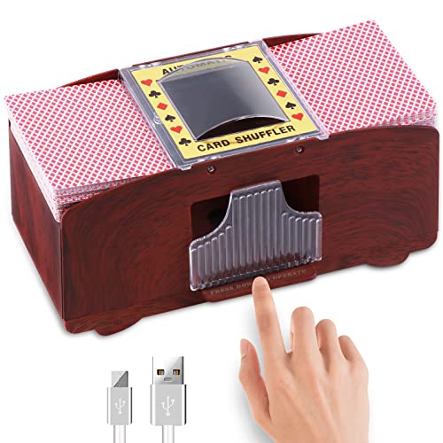 HJCMikee Automatic Kartenmischmaschine, 1 bis 2 Decks, Luxus-Holzmaserung, Kartenmischer Elektrisch für Karten, Batterie- oder USB-Stromversorgung von HJCMikee