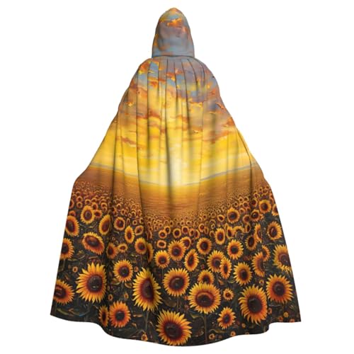 Kapuzenumhang mit Sonnenblumenfeld, Sonnenuntergang, Blumenmeer, Halloween-Kostüm, Erwachsenengröße, mit dramatischem Umhang für Cosplay, Hexenumhang, Schwarz, Einheitsgröße von HJKTVDRQ