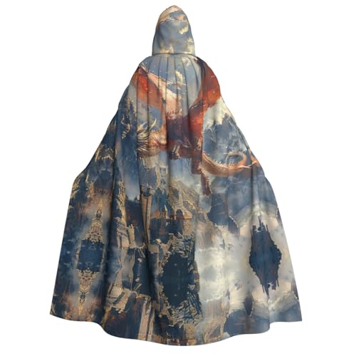 HJLUUFT Dragons and Castles Print Long Hooded Cape Cloak Halloween Christmas Costumes Medieval Renaissance Viking Kings Cape von HJLUUFT