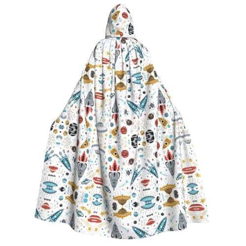 HJLUUFT Langer Kapuzenumhang mit Cartoon-Raketen-Druck, Halloween, Weihnachten, Kostüme, Mittelalter-Renaissance, Wikinger-Könige-Umhang von HJLUUFT