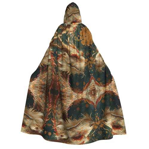 HJLUUFT Langer Kapuzenumhang mit goldenem Drachen-Druck, Halloween, Weihnachten, Kostüme, Mittelalter-Renaissance, Wikingerkönigs-Umhang von HJLUUFT
