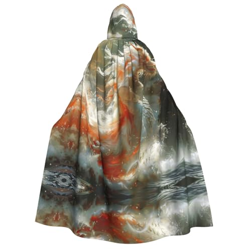 HJLUUFT Langer Kapuzenumhang mit weißem Drachen-Druck, Halloween, Weihnachten, Kostüme, Mittelalter-Renaissance, Wikingerkönigs-Umhang von HJLUUFT