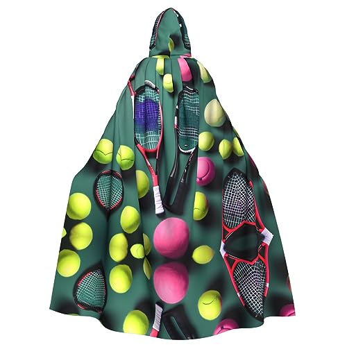 HJLUUFT Lustiger Tennisschläger und Tennisbälle, Kapuzenumhang, Umhang, Mittelalter-Kostüm, Halloween, volle Länge, Halloween, Weihnachtskostüm von HJLUUFT
