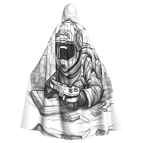 HJLUUFT Monochromes Skizzen-Stil Gaming-Druck Kapuzenumhang Umhang Mittelalterkostüm Halloween volle Länge Halloween Weihnachten Kostüm von HJLUUFT