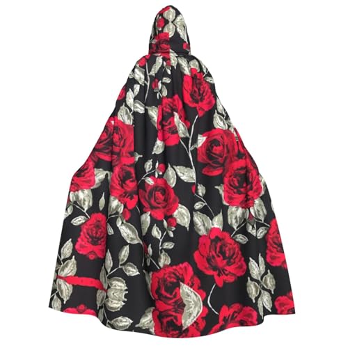 HJLUUFT Roter Rosen-Garten-Druck, langer Umhang mit Kapuze, Umhang für Halloween, Weihnachten, Mittelalter, Renaissance, Wikingerkönigs-Umhang von HJLUUFT