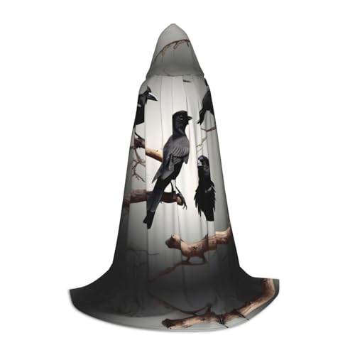 HJLUUFT Schwarzer Krähenvögel auf einem Ast, Renaissance-Umhang, mit Kapuze, Halloween, Mittelalter-Kostüm, Cosplay, langer Umhang für Damen und Herren von HJLUUFT