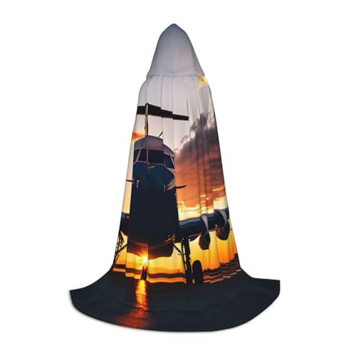 HJLUUFT Umhang mit Kapuze im Flugzeugflugzeug bei Sonnenuntergang, Renaissance, Halloween, Mittelalter-Kostüm, Cosplay, langer Umhang für Damen und Herren von HJLUUFT