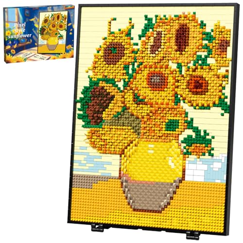 HJPLPXH Pixel Sonnenblume Malerei Rahmen Kunsthandwerk für Home Office Dekor, Mikro Mini Baustein Kunstmodell, Jungen Mädchen Erwachsene (3504PCS) von HJPLPXH
