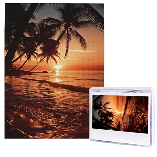Puzzle für Erwachsene, 500 Teile, Holzpuzzle, moderne Kunst, Puzzle, Abenddämmerung, tropische Strandpalme, herausfordernde Puzzles, individuelles Bildpuzzle, personalisiertes Fotopuzzle für Geschenk von HJTRW