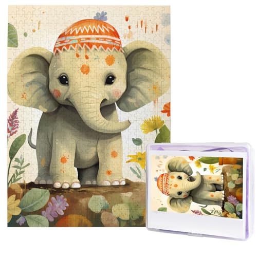Puzzle für Erwachsene, 500 Teile, Holzpuzzle, moderne Kunst, Puzzle, Cartoon-Elefant mit Pflanzenmalerei, herausfordernde Puzzles, benutzerdefiniertes Bildpuzzle, personalisiertes Fotopuzzle für von HJTRW