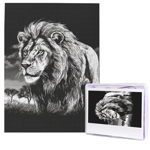 Puzzle für Erwachsene, 500 Teile, Holzpuzzle, moderne Kunst, Puzzle, Löwe, Schwarz-Weiß-Illustration, herausfordernde Puzzles, benutzerdefiniertes Bild, Puzzle, personalisiertes Fotopuzzle für von HJTRW