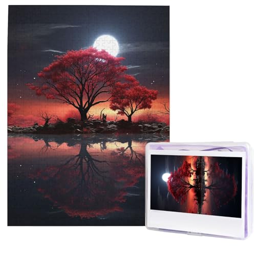 Puzzle für Erwachsene, 500 Teile, Holzpuzzle, moderne Kunst, Puzzle, roter Baum, See, Mond, herausfordernde Puzzles, individuelles Bild, Puzzle, personalisiertes Fotopuzzle für Geschenk, Familie von HJTRW