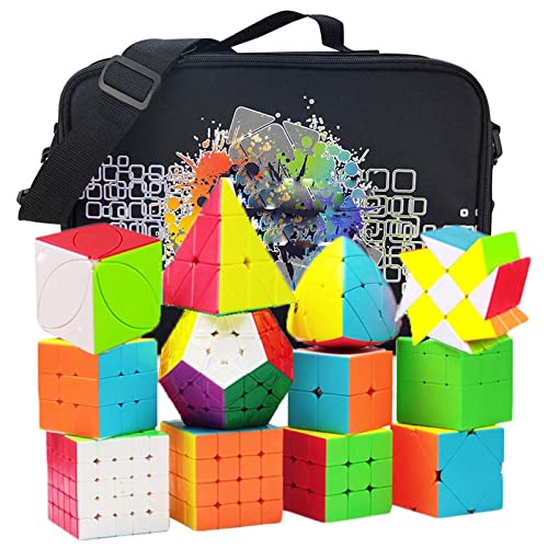 HJXDtech 12 Pack Stickerless Speed Cube Set mit spezieller Aufbewahrungstasche, Professionelle WCA Competition Zauberwürfel Arten 2x2 3x3 4x4 5x5 Pyraminx Megaminx Skewb SQ1 Würfel Puzzle Spielzeug von HJXDtech