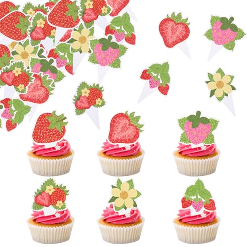 72 Stück Erdbeere tortendeko für torte,Blume Glitzer Cupcake Toppers Strawberry Torten Deko Kuchen Dekorationen für Baby Dusche Kinder Jungen Mädchen Geburtstag Party von HJZHII