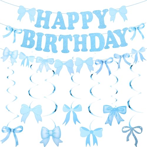 HJZHII Blaue Schleife Party Dekorationen Kit, Glitzer Schleife Girlande Hängende Wirbel Banner Set Schleifen Girlande Party Dekoration Kokette Thema Dekor für Frauen Mädchen Geburtstag von HJZHII