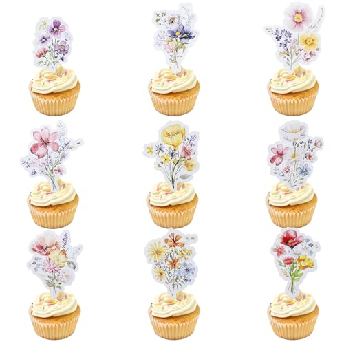 XLIUAX 36 Stück Wildblumen Cupcake Topper, Baby in Bloom Babyparty Dekorationen, Blumen Cupcake Topper für Frauen Mädchen Blumen Frühling Party Hochzeit Brautparty Dekor von HJZHII