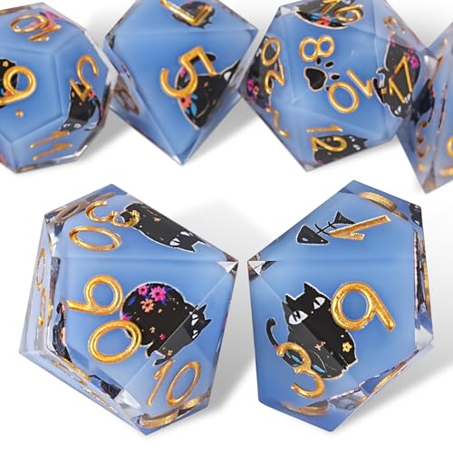 DND Katzenwürfel-Set, niedlich, 7 Stück, D&D-Set mit Geschenkbox, Dungeons and Dragons, polyedrische und RPG-Mtg-Würfel, scharfe Kanten, für Rollenspiele, MTG-Tischspiele, mit Tasche, Katzenwürfel von HKDZ
