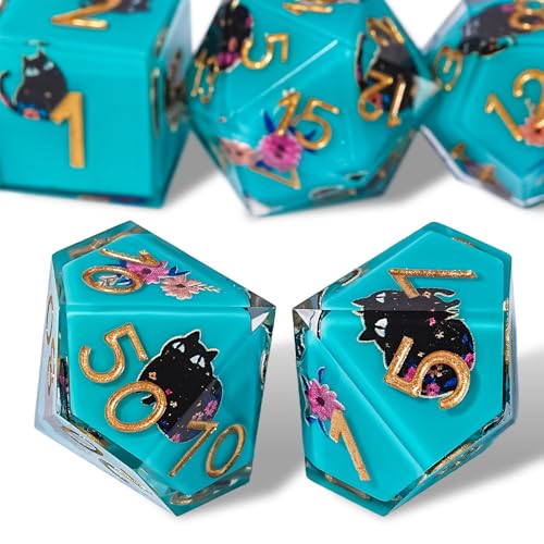 Katzen-Würfel-Set, niedlich, 7 Stück, D&D-Set mit Geschenkbox, polyedrisch und RPG, scharfe Kanten für Rollenspiele, Tischspiele, mit Würfelbeutel, Harz von HKDZ