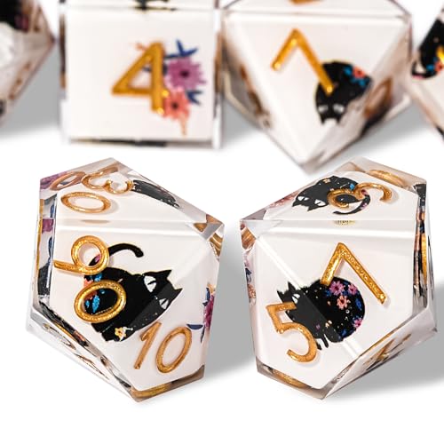 Katzen-Würfel-Set, niedlich, 7 Stück, D&D-Set mit Geschenkbox, polyedrisch und RPG, scharfe Kanten für Rollenspiele, Tischspiele, mit Würfelbeutel, Harz von HKDZ