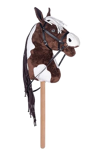 HKM Hobby Horse – Steckenpferd braun/weiß, abnehmbare Trense & Lange Mähne, 40 cm Holzstiel – für Hobby Horsing Dressur & Parcours von HKM