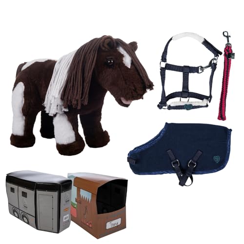 HKM Cuddle Pony Pinto in Braun/Weiß mit Starter-Set in Blau. Spielzeugpferd als Kuscheltier mit Halfter, Strick und Pferdedecke. von HKM
