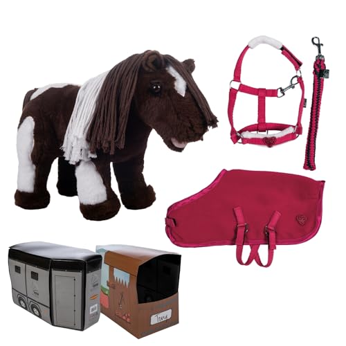 HKM Cuddle Pony Pinto in Braun/Weiß mit Starter-Set in Rot. Spielzeugpferd als Kuscheltier mit Halfter, Strick und Pferdedecke. von HKM