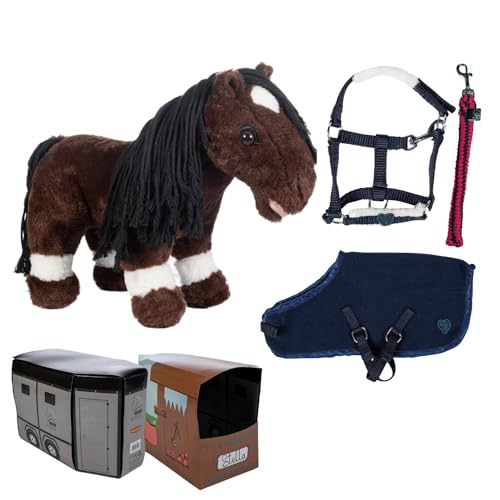 HKM Cuddle Pony in Dunkelbraun mit Starter-Set in Blau. Spielzeugpferd als Kuscheltier mit Halfter, Strick und Pferdedecke. von HKM