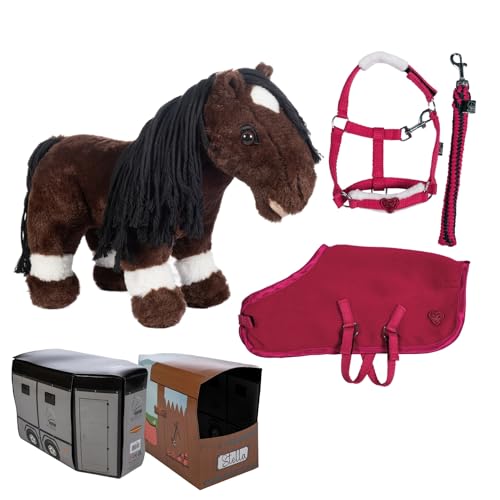 HKM Cuddle Pony in Dunkelbraun mit Starter-Set in Rot. Spielzeugpferd als Kuscheltier mit Halfter, Strick und Pferdedecke. von HKM