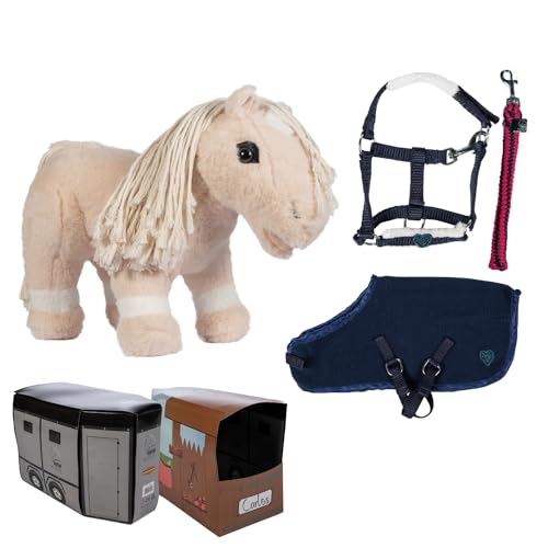 HKM Cuddle Pony in Hellbraun mit Starter-Set in Blau. Spielzeugpferd als Kuscheltier mit Halfter, Strick und Pferdedecke. von HKM