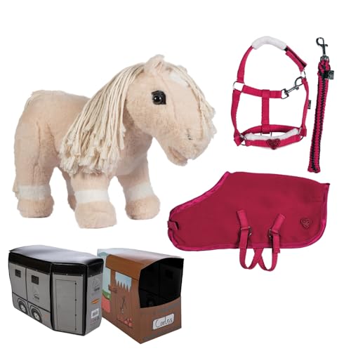 HKM Cuddle Pony in Hellbraun mit Starter-Set in Rot. Spielzeugpferd als Kuscheltier mit Halfter, Strick und Pferdedecke. von HKM