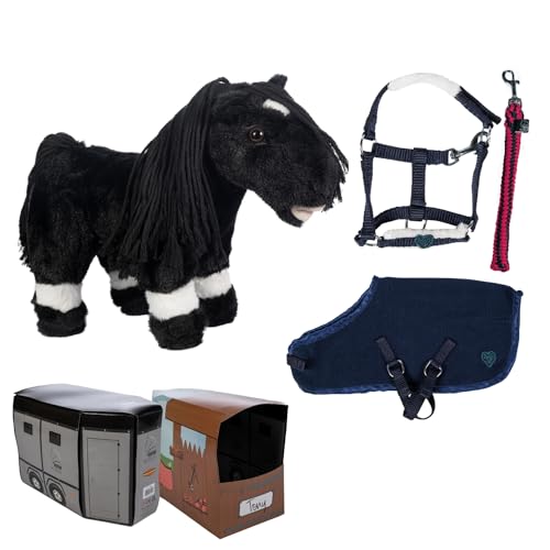 HKM Cuddle Pony in Schwarz mit Starter-Set in Blau. Spielzeugpferd als Kuscheltier mit Halfter, Strick und Pferdedecke. von HKM