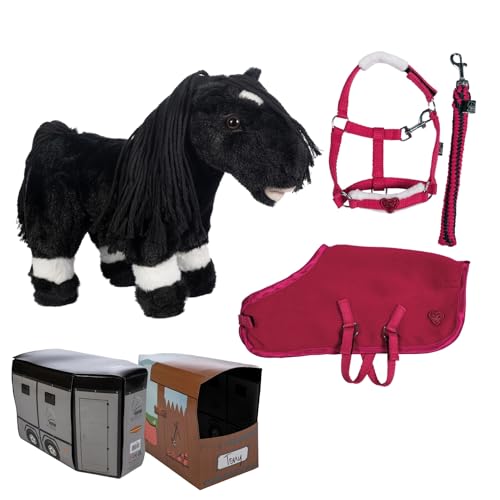 HKM Cuddle Pony in Schwarz mit Starter-Set in Rot. Spielzeugpferd als Kuscheltier mit Halfter, Strick und Pferdedecke. von HKM