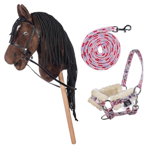 HKM Kids Hobby Horse, Braun, mit Halfter und Führstrick in Rosa mit Blümchenmuster, Steckenpferd für Kinder, Pferde Spielzeug von HKM
