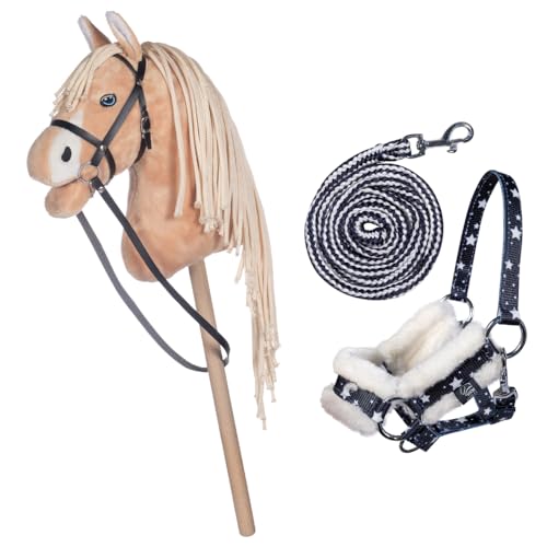 HKM Kids Hobby Horse, Palomino, Beige, mit Halfter und Führstrick in Blau mit Sternenmuster, Steckenpferd für Kinder, Pferde Spielzeug von HKM