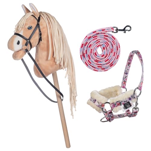 HKM Kids Hobby Horse, Palomino, Beige, mit Halfter und Führstrick in Rosa mit Blümchenmuster, Steckenpferd für Kinder, Pferde Spielzeug von HKM