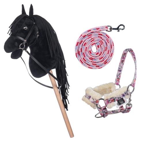HKM Kids Hobby Horse, Rappe, Schwarz, mit Halfter und Führstrick in Rosa mit Blümchenmuster, Steckenpferd für Kinder, Pferde Spielzeug HKM Kids Hobby Horse, Rappe, Schwarz, mit Halfter und Führstrick in Rosa mit Blümchenmuster, Steckenpferd für Kinder, Pferde Spielzeug von HKM
