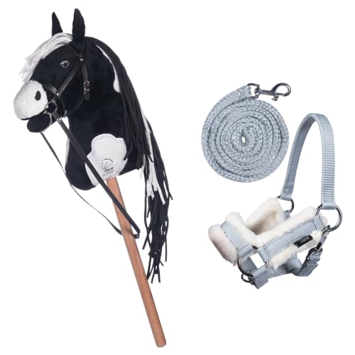 HKM Kids Hobby Horse, Schecke Schwarz-Weiß, mit Halfter und Führstrick in Grau, Steckenpferd für Kinder, Pferde Spielzeug von HKM