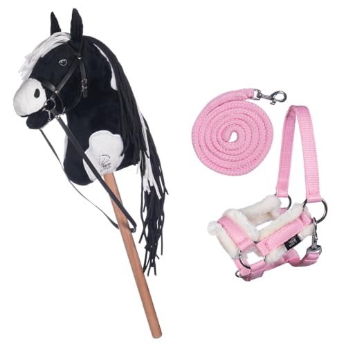 HKM Kids Hobby Horse, Schecke Schwarz-Weiß, mit Halfter und Führstrick in Rosa, Steckenpferd für Kinder, Pferde Spielzeug von HKM